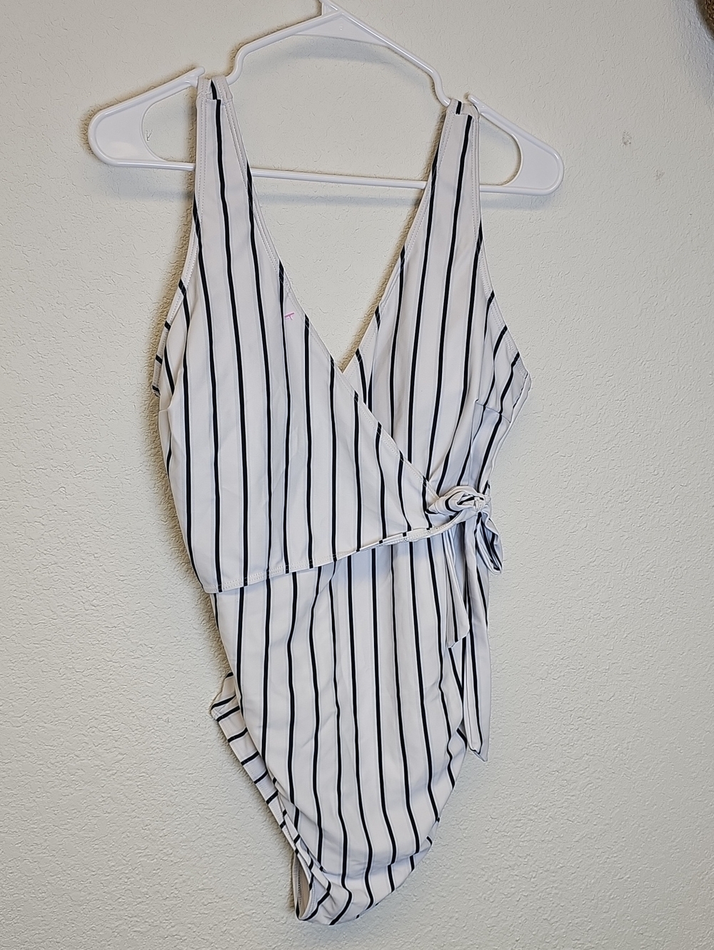 Striped White & Black Wrap One-Piece Swimsuit